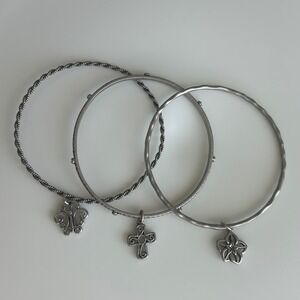 3pc Silver Tone Bangle Bracelet Set Butterfly Cross Flower Charms Textured